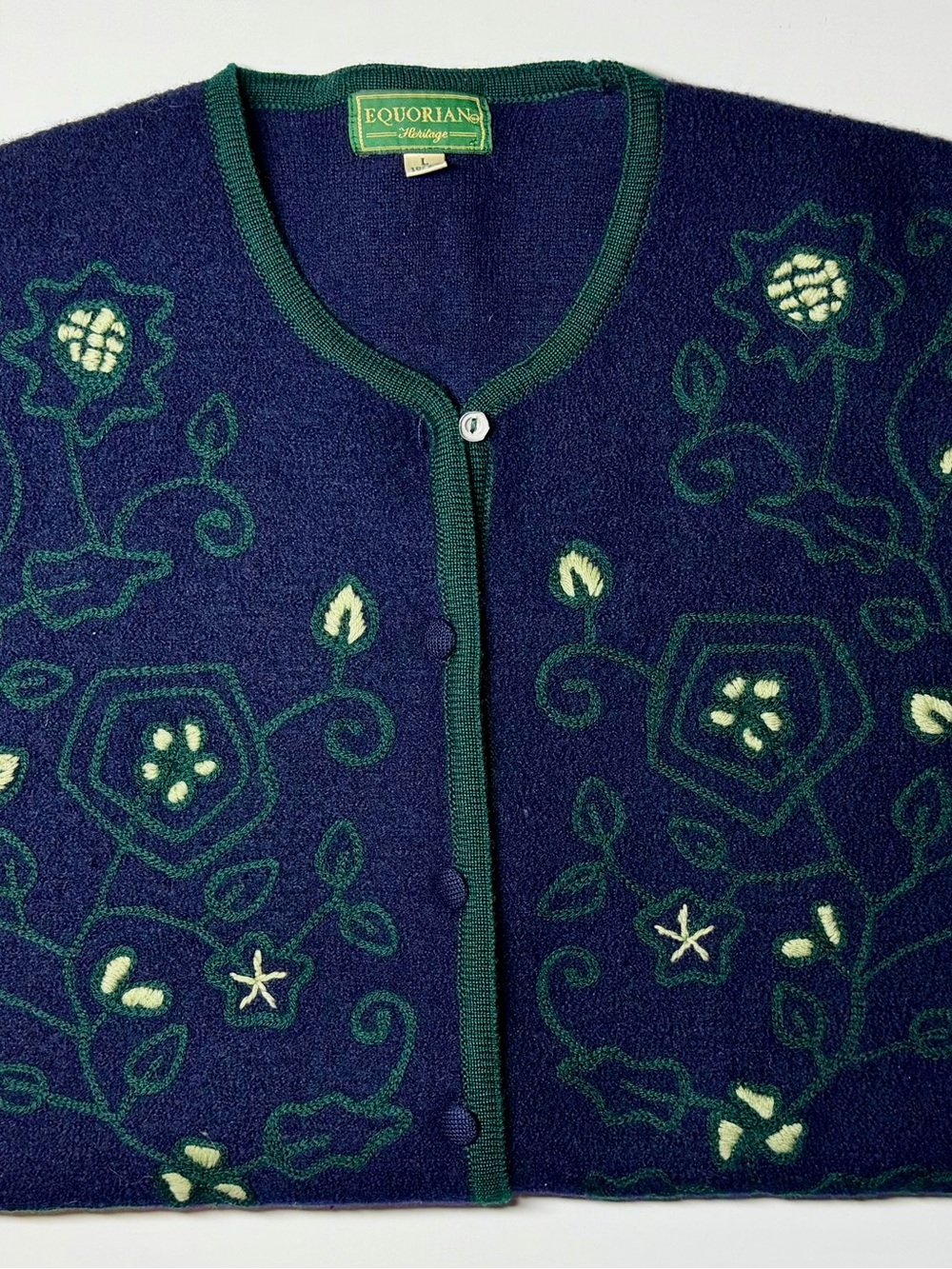 Equorian Heritage Women’s 100% Wool Cardigan Sweater Blue‎ Floral Size L